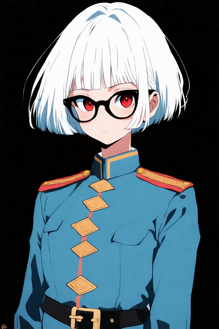 anime style, 1girl, solo, white hair. red eyes, military uniform, looking at viewer, black background, short hair, black glasses, standing,