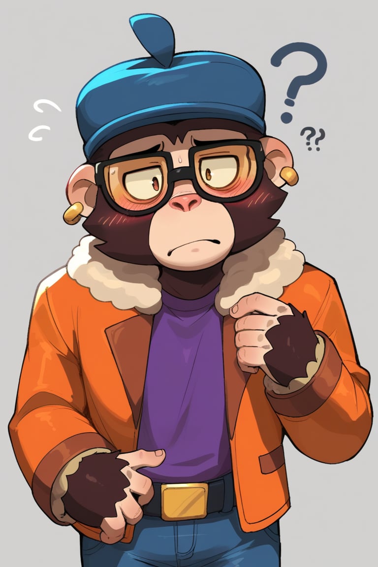 Score_9, Score_8_up, Score_7_up, ,sbrpimo ,1boy ,  bsmico , 1boy , monkey boy , glasses , brown hair , furry , furry male , blue headwear ,Orange jacket ,Purple shirt ,belt , blue jeans ,simple background ,blush , nervous , confused , ???