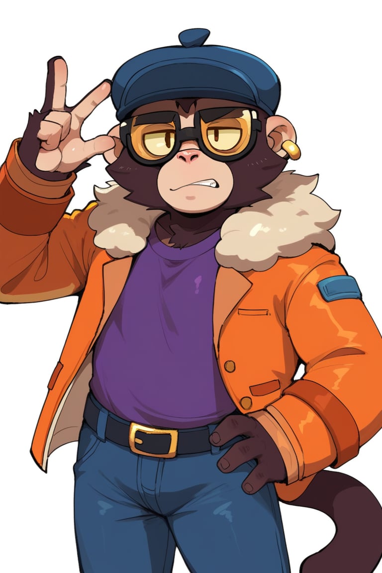 Score_9, Score_8_up, Score_7_up, ,sbrpimo ,1boy ,  bsmico , 1boy , monkey boy , glasses , brown hair , furry , furry male , blue headwear ,Orange jacket ,Purple shirt ,belt , blue jeans ,simple background