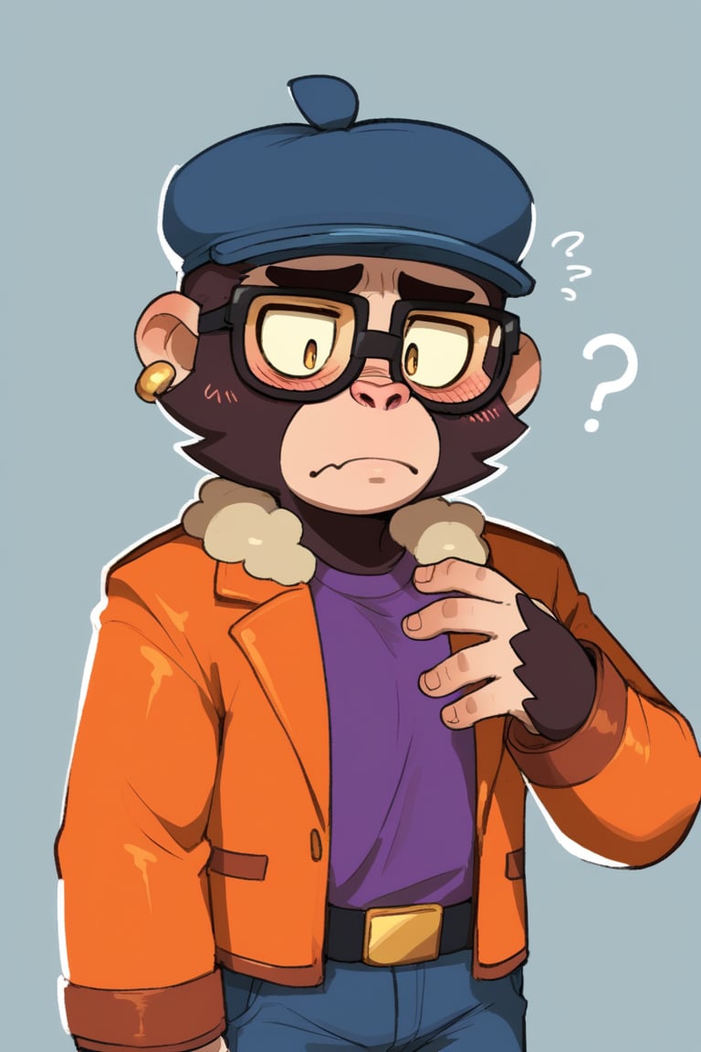 Score_9, Score_8_up, Score_7_up, ,sbrpimo ,1boy ,  bsmico , 1boy , monkey boy , glasses , brown hair , furry , furry male , blue headwear ,Orange jacket ,Purple shirt ,belt , blue jeans ,simple background ,blush , nervous , confused , ???