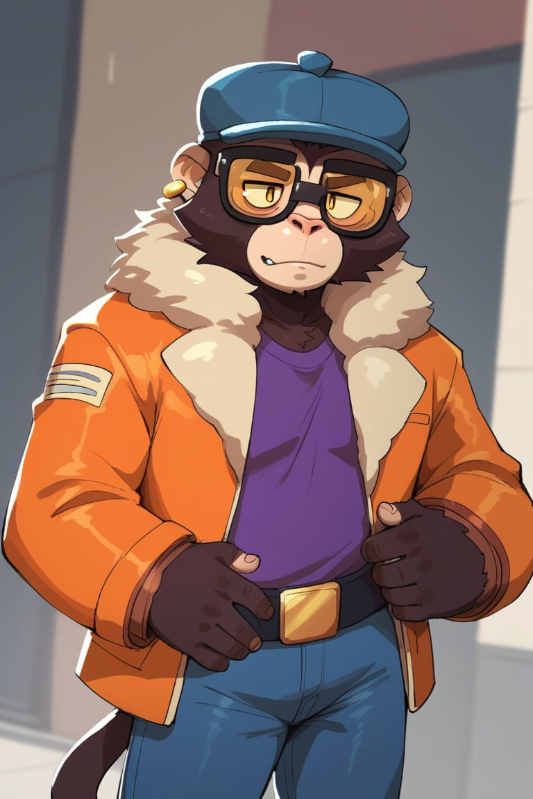 Score_9, Score_8_up, Score_7_up, ,sbrpimo ,1boy ,  bsmico , 1boy , monkey boy , glasses , brown hair , furry , furry male , blue headwear ,Orange jacket ,Purple shirt ,belt , blue jeans