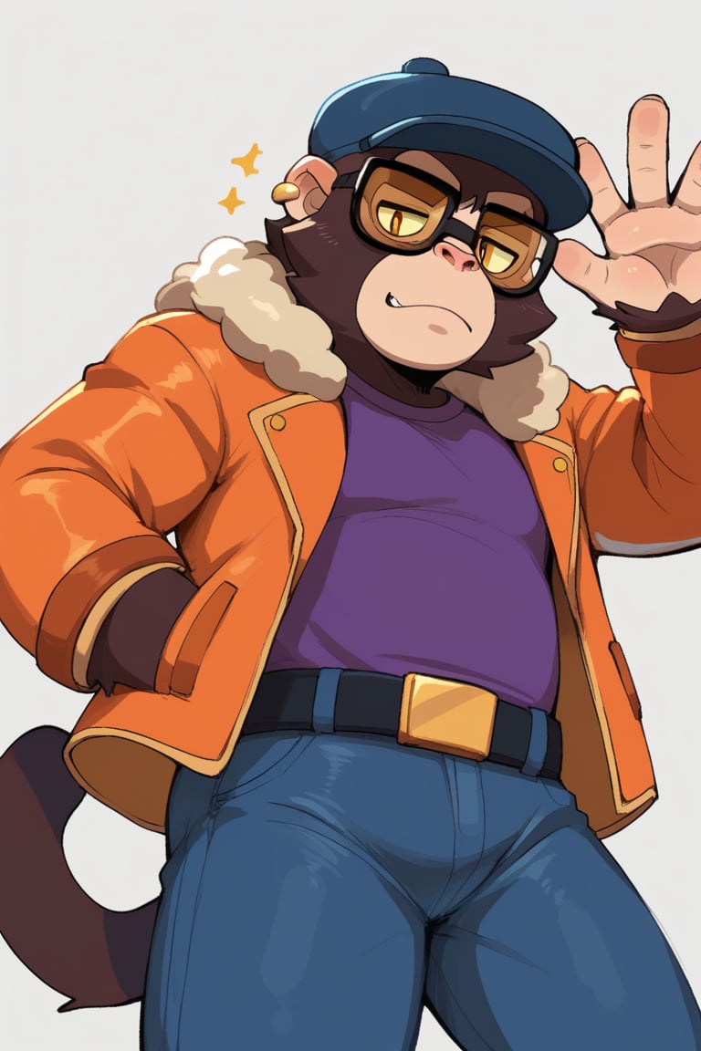 Score_9, Score_8_up, Score_7_up, ,sbrpimo ,1boy ,  bsmico , 1boy , monkey boy , glasses , brown hair , furry , furry male , blue headwear ,Orange jacket ,Purple shirt ,belt , blue jeans ,simple background