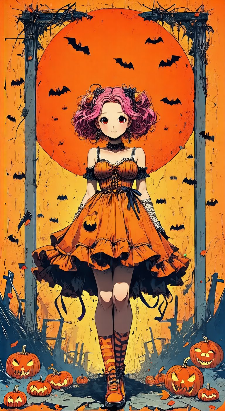 Rough sketch style, An anime-style medium-chested girl wearing a cute pumpkin-themed dress with frills and ribbons. Her dress is orange and black striped, and her hair is bright pink with fluffy curls. In the background is a bright orange circle with a double exposure of floating jack-o-lanterns and Halloween decorations. A thin decorative frame surrounds the entire piece, creating a fun atmosphere.,rawgritsketches, in the style of t0k