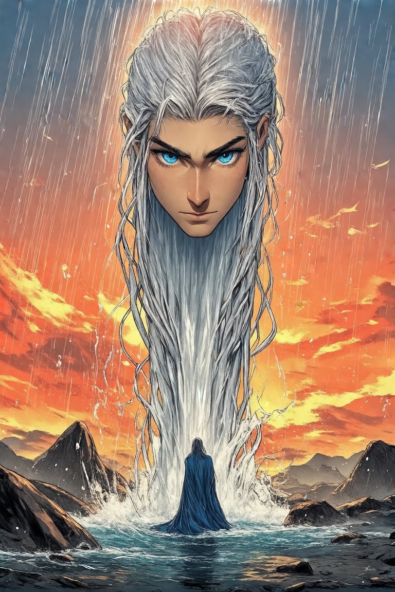 rawgritsketches, This is a digital illustration in an anime-inspired style, featuring a young woman with an ethereal, fantasy aesthetic. The subject is a woman with long, flowing silver hair that cascades down her back like a waterfall, reflecting light and giving it a shimmering quality. Her skin is fair and smooth, and she has striking, large blue eyes with a piercing gaze, in the style of t0k