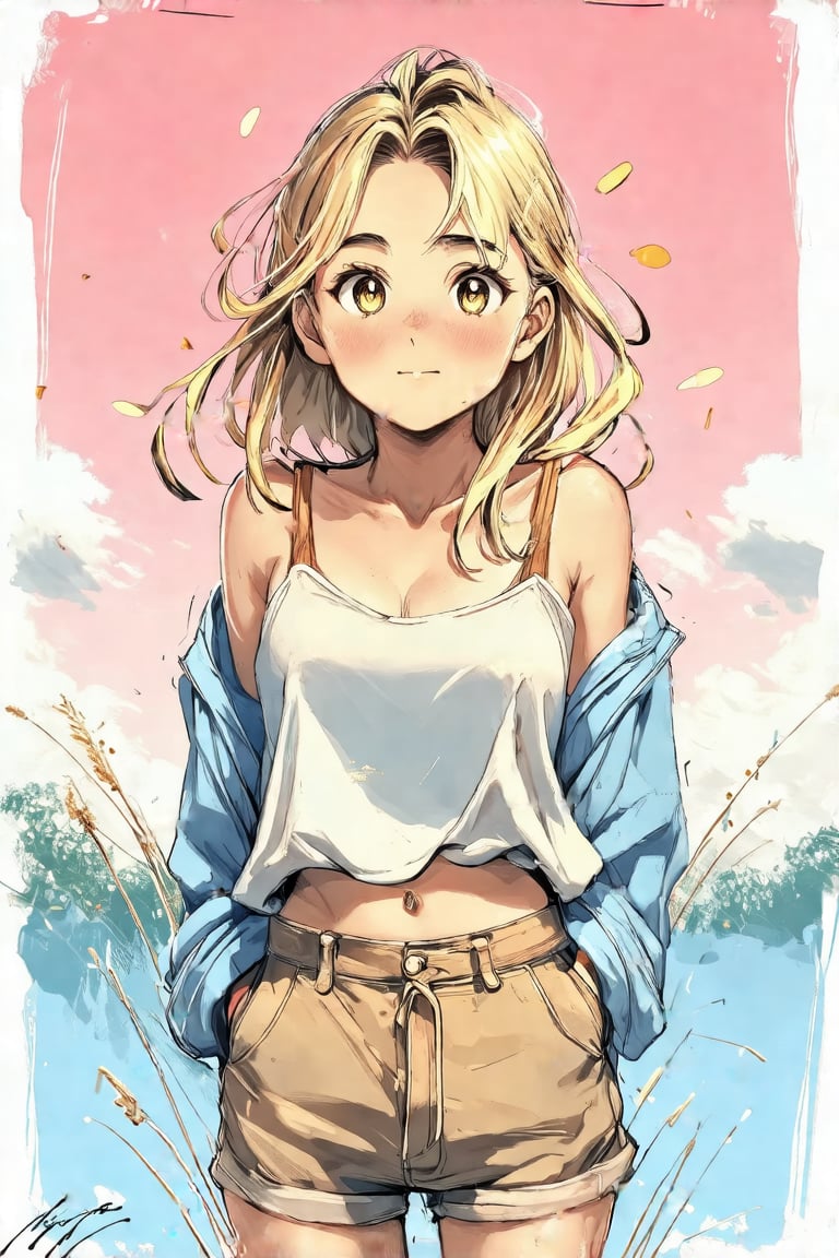 rawgritsketches, 1girl, blonde hair, half-body, detailed eyes, pastel colors, soft lighting, casual clothes, standing, relaxed expression, delicate hair strands, soft pink and baby blue background, blush, anime-style, focus on upper body, gentle atmosphere, subtle shadows, golden hair highlights,, in the style of t0k