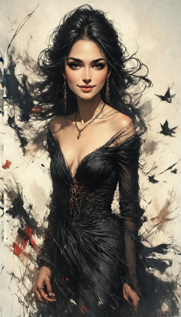 A mesmerizing piece of art captures the essence of Nachtmusik, an enchanting woman. The image, a painting on a grand canvas, depicts her with flowing dark hair cascading down her shoulders, framing a face adorned with striking features. Her eyes, pools of mystery, seem to hold untold secrets, while her ethereal smile evokes fascination. The artist skillfully portrays her graceful posture and elegant attire, a reflection of her allure and charm. Every brushstroke conveys a sense of dreamlike enchantment, imbuing the image with a captivating aura. This exceptional artwork skillfully captures the essence of Nachtmusik's captivating allure, leaving viewers enchanted by her beauty and the intricate details of the painting, (iku,zix,vhy:1.2),(brs,phy,iww,kjt,xjw,zjw,rzj:1.4),(fpx,hui,hai,qwh,vgf,vgy:1.2),(mwq:0.8),belle,(rawgritsketches, in the style of t0k)