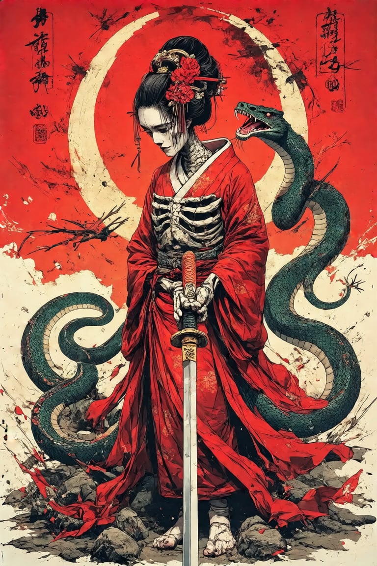 A colorized tattoo art style image of a skeleton geisha holding a sword, with a majestic snake coiling around her. The geisha is intricately detailed with traditional kimono patterns and a serene expression, despite her skeletal form. The snake is vibrant, with detailed scales and a fierce gaze. The composition is dynamic, with the geisha's flowing kimono and the snake's sinuous body creating a sense of movement. The lighting is dramatic, highlighting the contrast between the geisha's elegance and the snake's power. The subject's body is tensed, showcasing the bold and detailed tattoo.,rawgritsketches, in the style of t0k