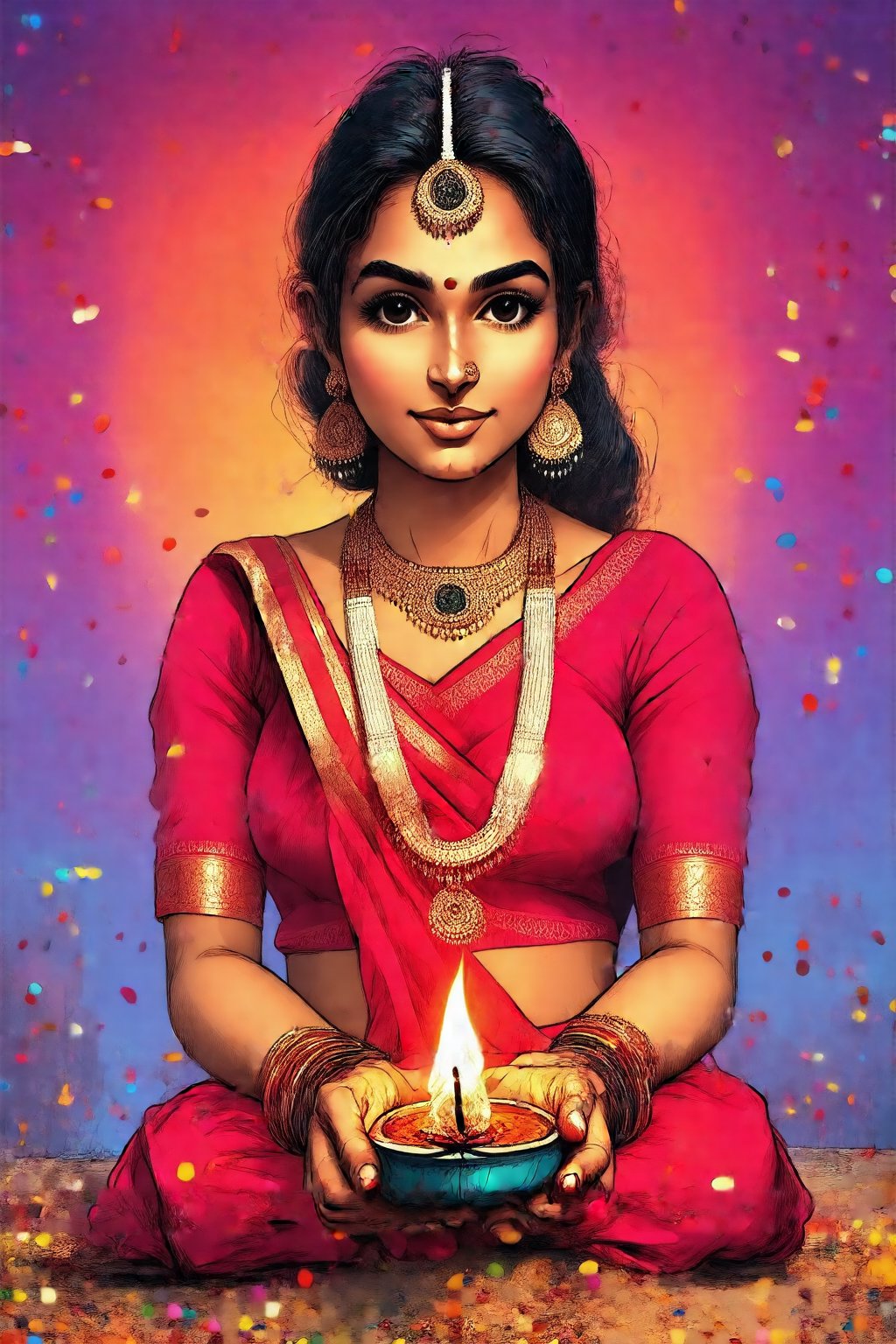 rawgritsketches, drawing indian woman at Dipawali, india festival. in the style of t0k,