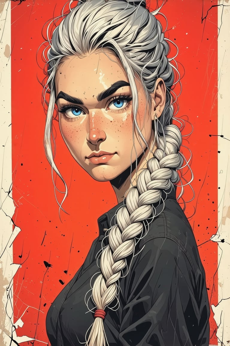 This is a digital illustration in an anime-inspired art style, featuring a voluptuous woman with a striking appearance. She has a light skin tone and striking, voluminous white hair styled in a loose, wavy braid cascading over her shoulder. Her eyes are large, bright blue, and she has a slightly flushed, youthful face with a confident expression, suprn1j1,rawgritsketches, in the style of t0k