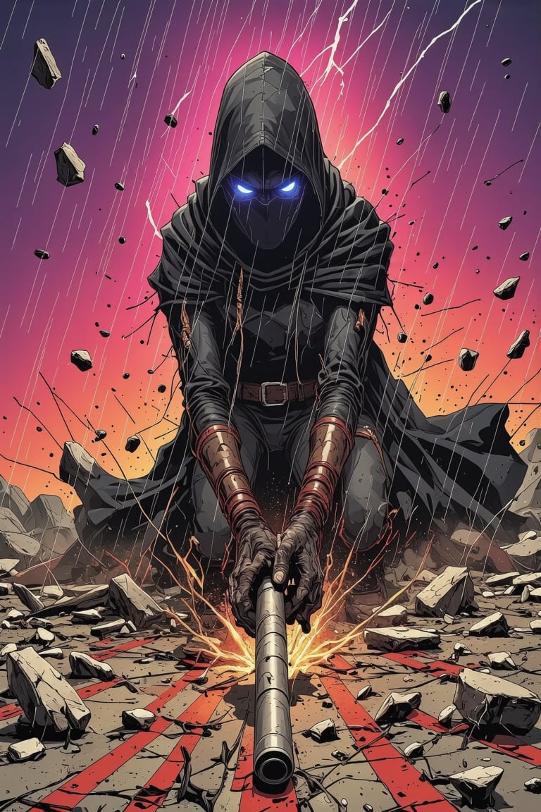 This is a vibrant digital artwork featuring a dynamic, futuristic character. The central figure is a humanoid with a sleek, black, form-fitting suit adorned with metallic white and silver accents. The suit has a hooded cape that billows out behind, adding a sense of movement and depth. The character's face is obscured by a glowing, ethereal mask that emits a bright, neon blue light, giving it a mysterious and otherworldly appearance. The eyes are the only visible part of the mask, adding an intense, almost menacing expression. The figure is crouching down with one arm thrust forward toward the viewer.

The background is a vivid, electric purple, with splashes of pink and magenta, creating a dramatic and energetic atmosphere. The ground beneath the character appears to be a futuristic, metallic surface with abstract, splatter-like patterns, enhancing the sci-fi theme. The character's pose is dynamic, with one arm extended forward, fingers outstretched, as if reaching or grabbing something. The other arm is bent at the elbow, with the hand gripping a small, cylindrical object that emits a faint, glowing light.

The overall style is bold and expressive, with a mix of sharp lines and bold colors, typical of modern digital comic art. The character's outfit and pose convey a sense of power and readiness for action, shot from a low angle looking up, suprn1j1,rawgritsketches, in the style of t0k