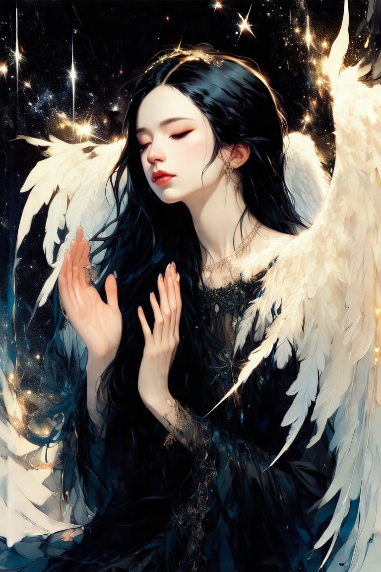 (a beautiful angel in the style of Carne Griffiths, Conrad Roset), (composition by Alphonse Mucha), gorgeous, heavenly, ethereal, soft glow surrounding her, bioluminesence, pitchblack background, long flowing black hair, stars, midnight, hands clasped, more detail XL