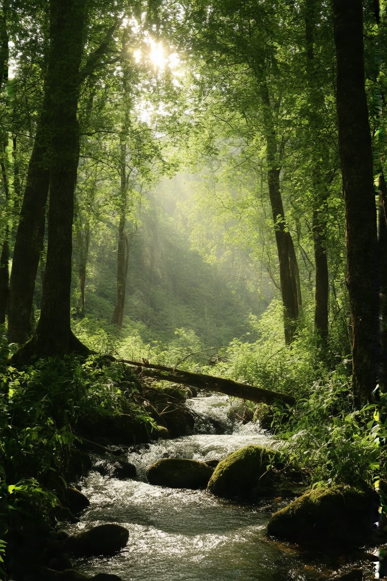 A serene forest landscape,  Realistic,  The image should depict a peaceful forest scene with dappled sunlight filtering through the trees and casting shadows on the forest floor. The forest should be lush and green, with a variety of trees, ferns, and other vegetation. A small, crystal-clear stream should wind its way through the scene, adding to the sense of tranquility. In the distance, gentle rolling hills can be seen, giving a sense of depth and scale to the image. Wildlife such as birds and small animals may be present, but they should not be the focus of the image. The overall mood should be one of peace and natural beauty.