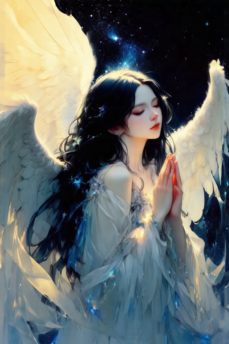 (a beautiful angel in the style of Carne Griffiths, Conrad Roset), (composition by Alphonse Mucha), gorgeous, heavenly, ethereal, soft glow surrounding her, bioluminesence, pitchblack background, long flowing black hair, stars, midnight, hands clasped, more detail XL