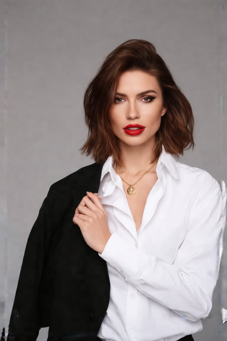 The image should feature a woman with a confident and strong gaze. She should have medium-length brown hair that is styled in loose waves, framing her oval face. She is wearing a crisp white button-down shirt, with the top buttons undone, revealing a delicate gold necklace. Her lips are painted a deep red, and her eyes are lined with black eyeliner and mascara, making them appear more prominent. She is standing in front of a simple gray background, with one hand on her hip and the other holding a black blazer slung over her shoulder. The lighting should be soft and even, highlighting the woman's features and creating a sense of depth and dimension in the image. The overall mood of the image should be empowering and confident, inspiring anyone who sees it to feel strong and capable.