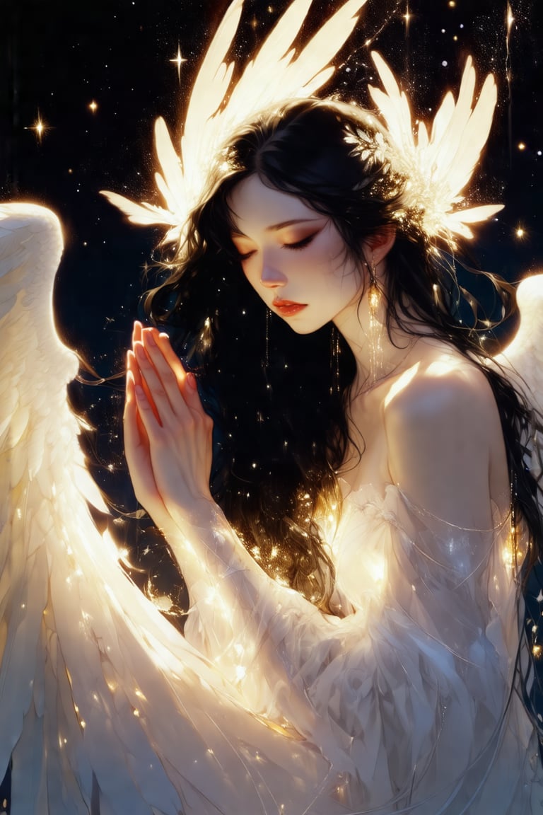 (a beautiful angel in the style of Carne Griffiths, Conrad Roset), (composition by Alphonse Mucha), gorgeous, heavenly, ethereal, soft glow surrounding her, bioluminesence, pitchblack background, long flowing black hair, stars, midnight, hands clasped, more detail XL