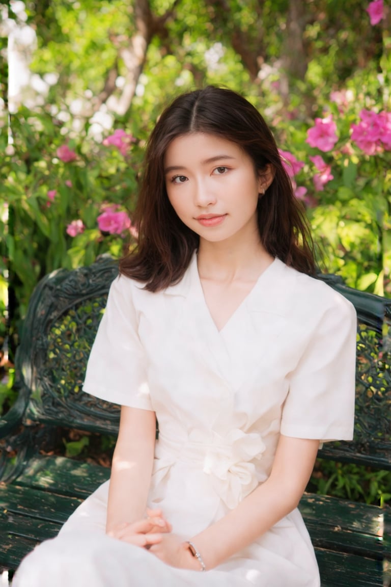 A serene masterpiece captures a young woman in her early twenties sitting on a park bench in high definition (HDR:1.2). Her gentle expression radiates sincerity, framed by lush greenery and vibrant flowers. Soft natural light falls upon her, illuminating the subtle curves of her modern attire and effortless hairstyle. The peaceful atmosphere invites contemplation, as if inviting the viewer to pause and appreciate the simple beauty of this young woman amidst nature's wonder.