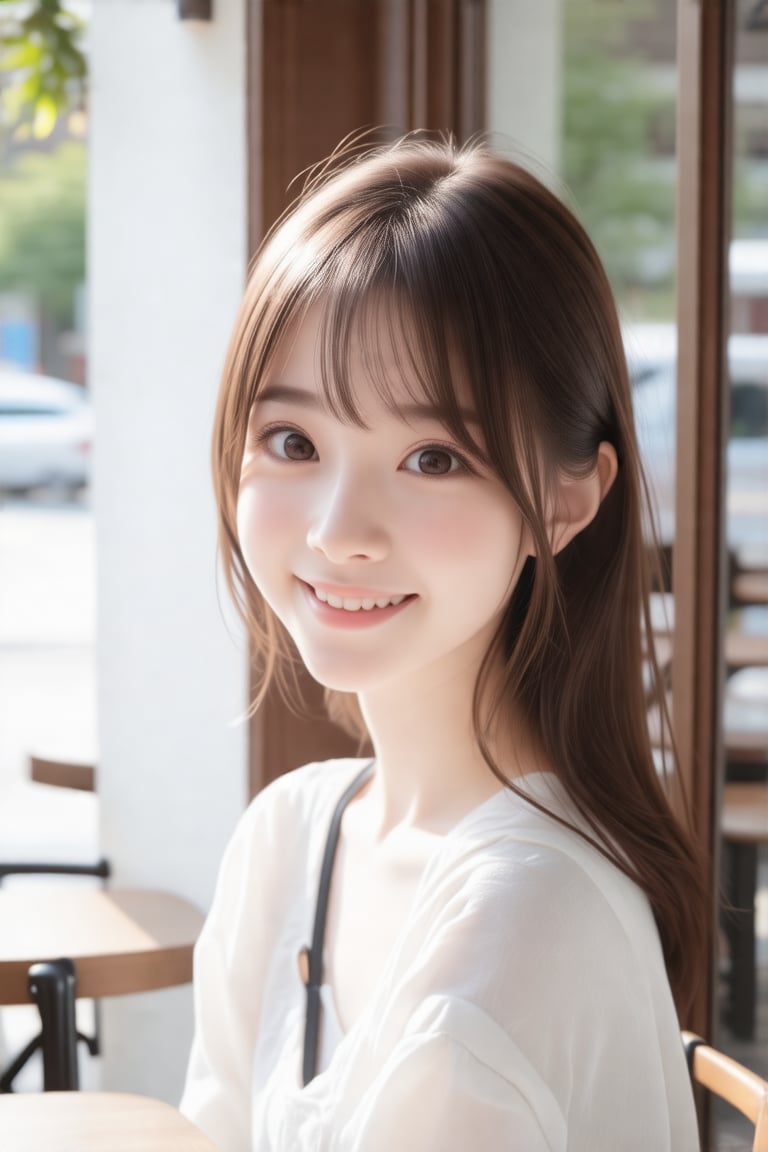 masterpiece, best quality, realistic, realistic lighting, 8K, HDR, 1girl, solo, brown long hair, from front, looking at viewer, smile, white_blouse, soft sunlight, cafe in the background, gentle breeze,(face close-up:0.8),hair accessories