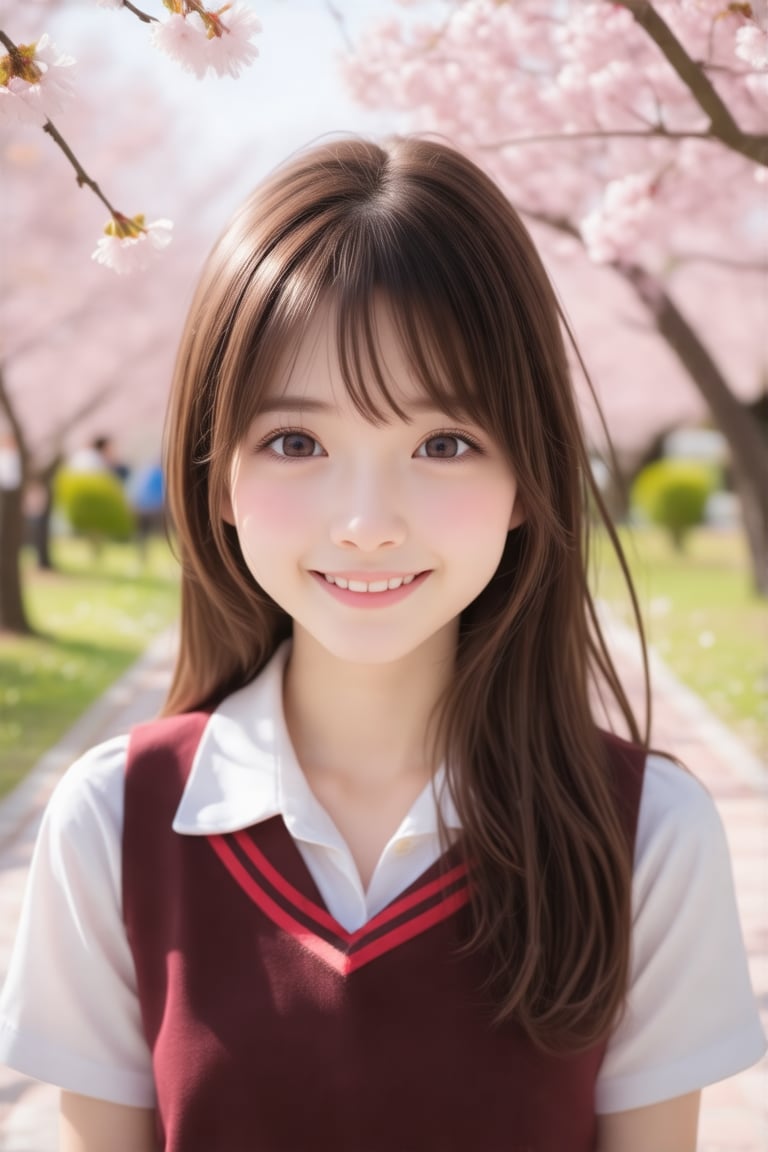 masterpiece, best quality, realistic, realistic lighting, 8K, HDR, 1girl, solo, long hair, looking at viewer, smile, school uniform, japanese high school setting, soft sunlight, cherry blossoms in the background, gentle breeze, warm colors,face close-up