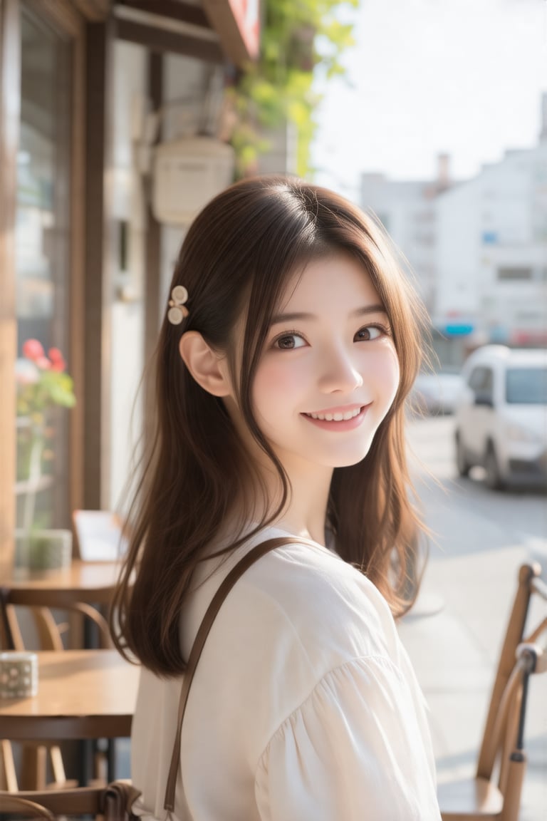 masterpiece, best quality, realistic, realistic lighting, 8K, HDR, 1girl, solo, brown long hair, from front, looking at viewer, smile, white_blouse, soft sunlight, cafe in the background, gentle breeze,face close-up,hair accessories