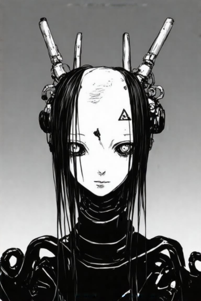 This image is a black-and-white digital drawing by tsutomu nihei  in a manga monochrome style, featuring a character with a distinctly mechanical and otherworldly appearance. The character has a humanoid face with large, almond-shaped eyes that are devoid of any pupils, giving them a hollow, eerie expression. The eyes are positioned high on the face, giving it a slightly top-heavy look. The character's skin is smooth and featureless, with no visible nose or mouth, and a small, triangular scar or mark just below the eyes.

The head is adorned with several mechanical appendages, including two long, thin tubes extending from the sides, resembling antennae or mechanical extensions. There are also two large, circular, metallic structures atop the head, which appear to be some sort of advanced technology or cybernetic components.

The hair is long and straight, black, and extends past the shoulders, with a few strands falling in front of the face. The character wears a high-collared, armored suit that is sleek and futuristic, with a metallic sheen and sharp, angular lines. The background is a gradient of dark to light gray, providing a stark contrast to the character's stark, mechanical appearance. The overall atmosphere is one of mystery and otherworldliness, evoking a sense of sci-fi horror