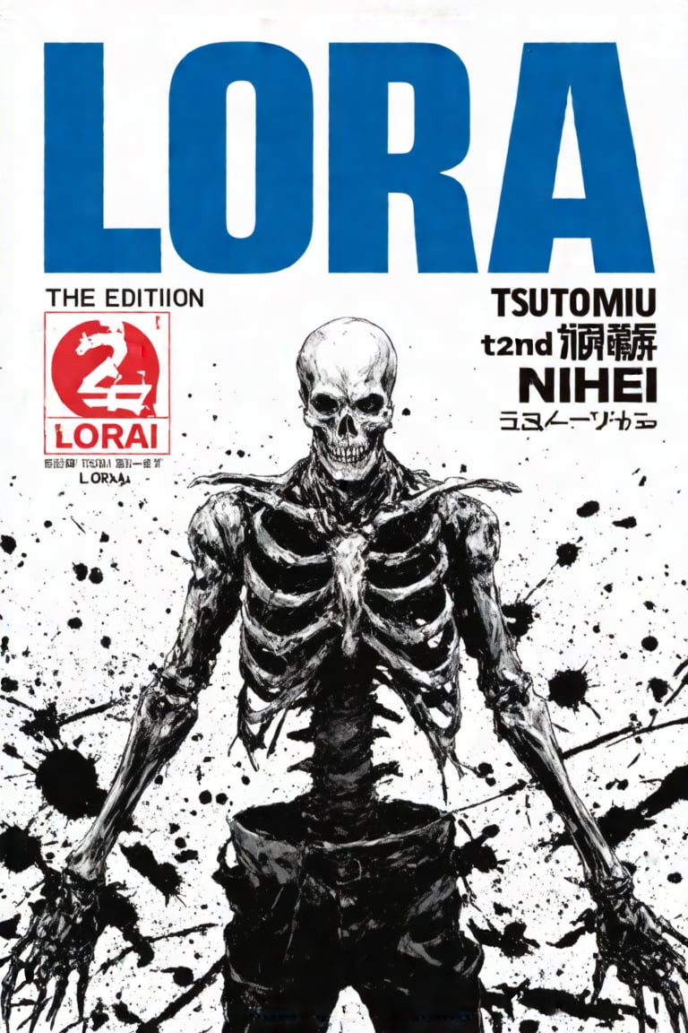 This monochrome manga by tsutomu nihei is a highly detailed manga by tsutomu nihei The image is a digital illustration for the cover of a graphic novel titled "LORA 2ND EDITION." The artwork is predominantly black and white with bold blue accents. The central figure is a skeletal, humanoid creature with a skull-like face and a menacing expression. The creature's skin is ribbed and textured, giving it a skeletal appearance. Its arms are outstretched, and its hands are claw-like, adding to the menacing atmosphere. The background is a gradient of white to black, with abstract splatters and smudges, suggesting a chaotic or post-apocalyptic environment. The title "LORA" is prominently displayed in large, bold blue  letters at the top of the cover, with the subtitle "THE 2ND EDITION" below it. The text "TSUTOMU NIHEI" is printed in smaller red letters at the top left corner, indicating the artist's name. The bottom left corner features a small red logo with a black border, possibly representing the publisher. The overall style is dark and gritty, with a focus on the creature's menacing presence and the chaotic background, evoking a sense of dread and intensity.