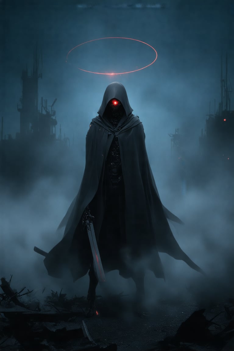  nihei humanoid robot clad in a dark, hooded cloak that billows in the wind, suggesting movement. The nihei head is shrouded in shadows, with a single glowing red eye visible through the hood. A circular red light hovers above its head, adding a mystical aura. The nihei robot's body is sleek and metallic, with visible joints and mechanical parts, giving it a cybernetic appearance. It holds a nihei sword in its right hand, which emits a faint glow.

The background is a dark, smoky environment with industrial ruins and debris scattered around, indicating a post-apocalyptic or nihei war-torn setting. The sky is a deep, ominous blue, with a few wisps of smoke and a faint, glowing red light in the distance. The overall color palette is dominated by dark blues and grays, with subtle hints of red and orange from the nihei robot's eye and the glowing light. The textures are highly detailed, from the intricate nihei metalwork on the robot's armor to the rough, broken structures in the background. The nihei scene is rich with dramatic lighting and shadows, enhancing the sense of mystery and danger.