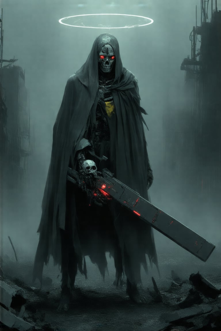 a green nihei futuristic sci-fi style illustration depicting a futuristic, armored cyborg figure against a desolate, post-apocalyptic background. The cyborg stands tall and imposing, clad in a dark, ragged cloak that billows around its form, revealing a skeletal, mechanical frame beneath. The figure's head is completely covered by a metallic skull mask, with glowing, red eyes and a halo-like ring floating above it, suggesting a divine or angelic presence. The cyborg's right hand grips a large, futuristic weapon with intricate, mechanical details and glowing red components. The background is a bleak, industrial wasteland, with crumbling buildings and debris scattered around. The sky is overcast with a pale, misty hue, adding to the desolate atmosphere. The cyborg's cloak is tattered and worn, indicating a long history of use and battle. The figure's armor is a mix of metallic and organic textures, with a sleek, futuristic design incorporating glowing panels and intricate circuitry. The overall color palette is predominantly dark grays, blacks, and metallic blues, with subtle highlights of red and yellow. The illustration style is highly realistic with a blend of science fiction and cyberpunk elements, capturing a sense of both advanced technology and decay.