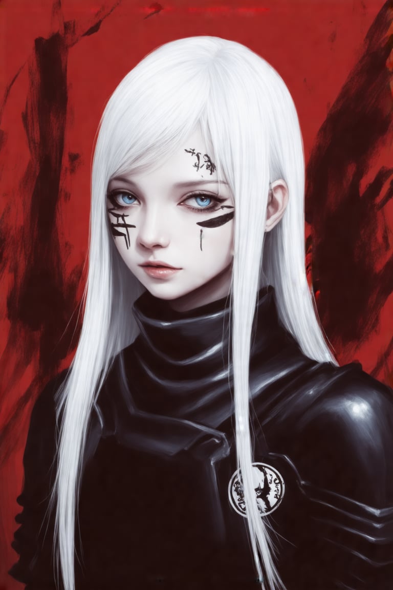 This image by tsutomi nihei is a digital painting featuring a young woman with a striking appearance. She has long, straight, platinum blonde hair that falls past her shoulders, framing her pale, almost ghostly face. Her eyes are a striking shade of blue, accentuated by dark eyeliner and mascara. She has a slightly parted, serious expression, with her lips slightly pursed. Her skin is a light, almost translucent tone, and she has black markings or tattoos on her cheeks, adding to her otherworldly appearance.

She is wearing a dark, futuristic armor that covers her shoulders and chest, with a high collar that adds to her mysterious aura. The armor has a glossy, metallic texture that reflects the light subtly, giving it a slightly shiny appearance. On her right shoulder, there is a small, circular emblem or insignia with a dark, almost black color.

The background is a stark contrast, with deep, dark reds and blacks that create a dramatic, almost ominous atmosphere. The background is abstract, with splatters and smears of paint, adding to the intense and dynamic feel of the image. The overall style is highly detailed and polished, typical of high-end digital art.