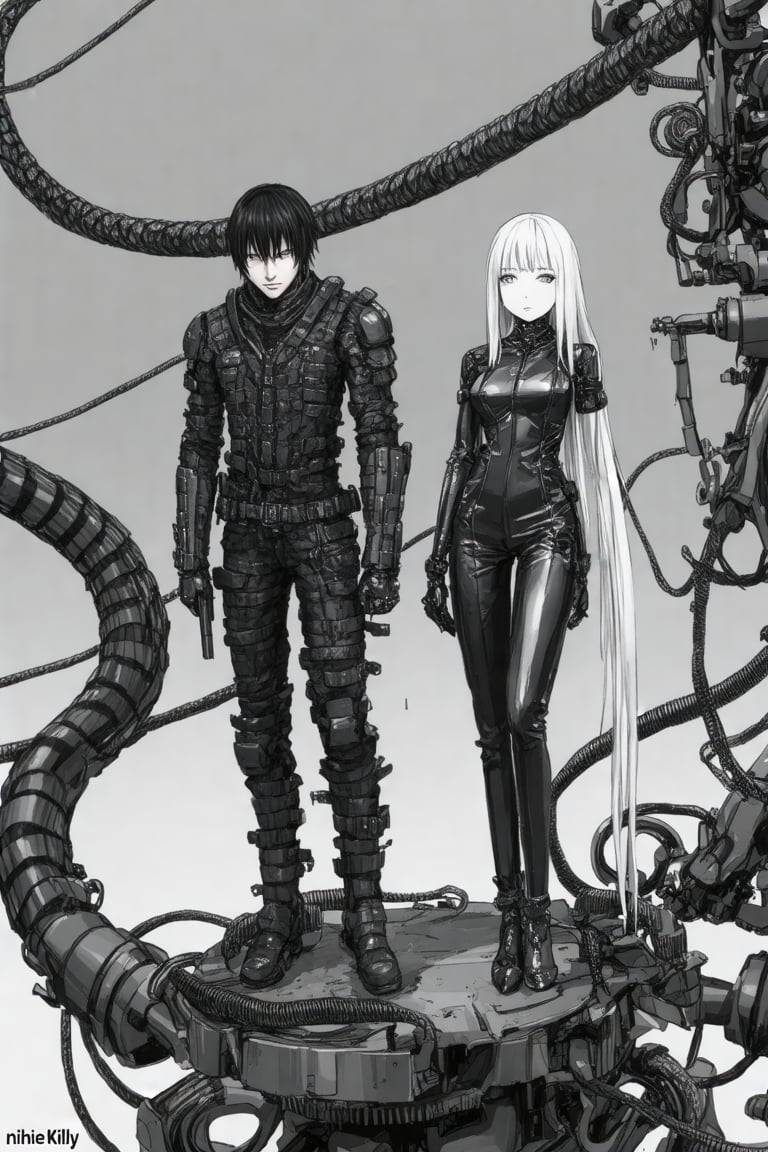 nihei Killy, a short-haired, dark-haired dude in a badass, futuristic black armored suit, stands on a mechanical structure with a snake-like cable. Next to him, cibo, a tall, slender chick with long, straight platinum blonde hair, rocks a sleek, black, form-fitting suit. Both are decked out in high-tech gear, standing on a metallic platform with industrial pipes and gears. The background is a grayscale, mechanical mess, giving off a cyberpunk vibe.