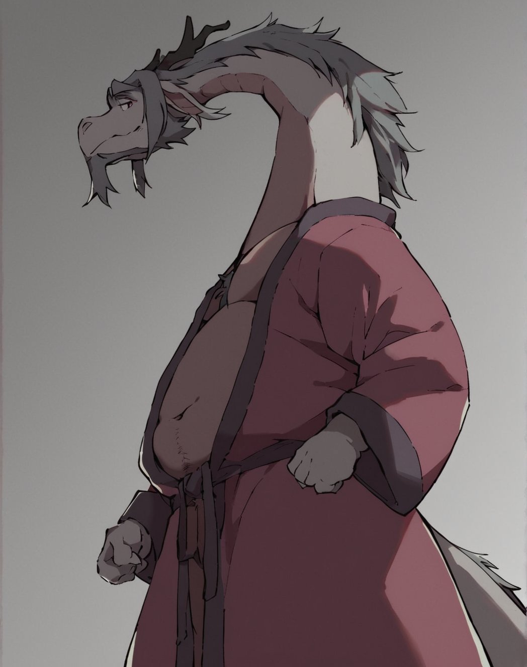 score_9, score_8_up,furry,solo,,FafnirLWA,anthro dragon,grey body,maroon chest,facial hair,beard,grey hair,long neck,dark grey eyebrows,faded-maroon underbelly,standing,robe,chubby,standing,view from below,full view,full-lenght view