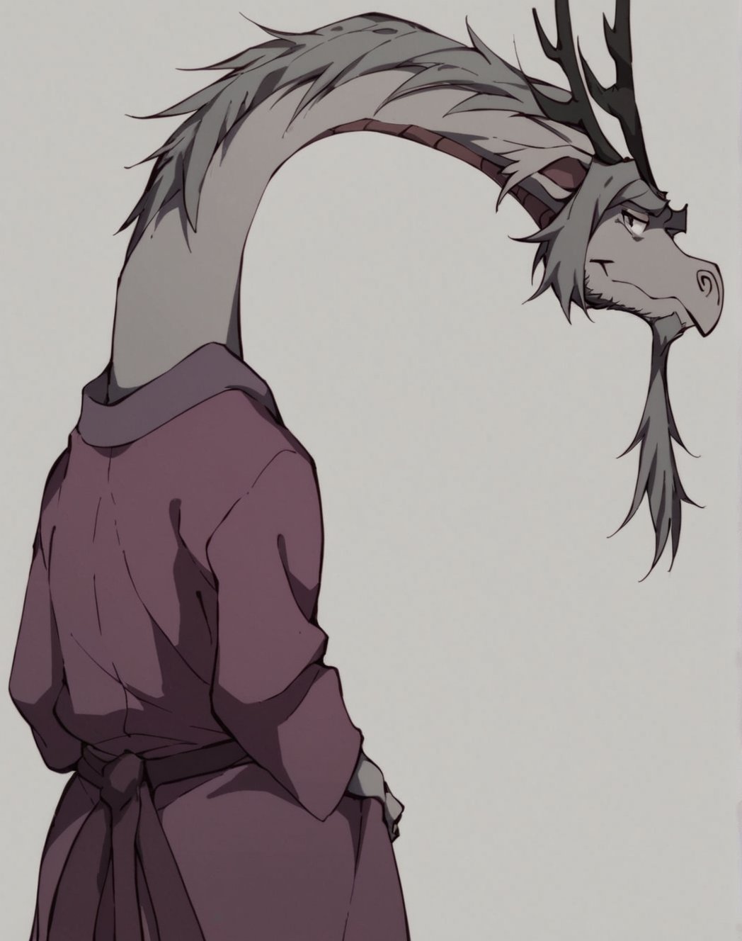 score_9, score_8_up,furry,solo,,FafnirLWA,anthro dragon,grey body,maroon chest,facial hair,beard,grey hair,long neck,dark grey eyebrows,faded-maroon underbelly,robe,rear view