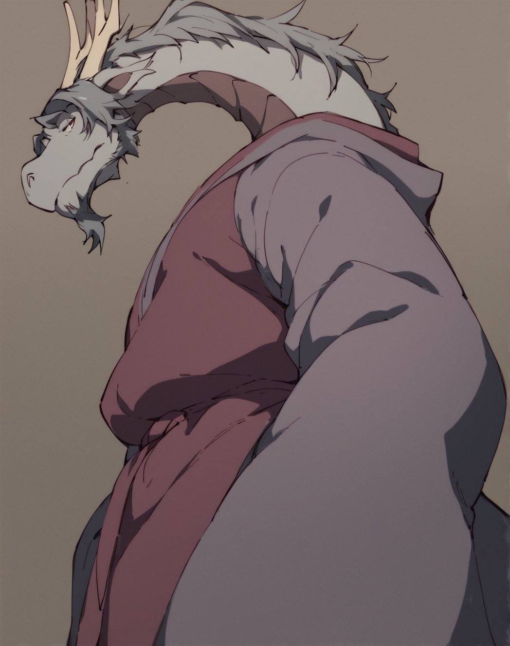 score_9, score_8_up,furry,solo,,FafnirLWA,anthro dragon,grey body,maroon chest,facial hair,beard,grey hair,long neck,dark grey eyebrows,faded-maroon underbelly,standing,robe,chubby,standing,view from below