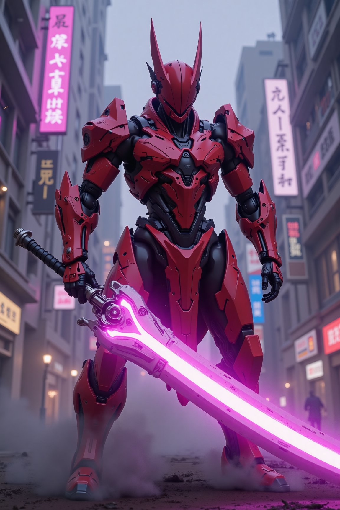 Image in Mechborg style.A red-armored figure wielding a long pink energy katana,  surrounded by futuristic buildings and b...