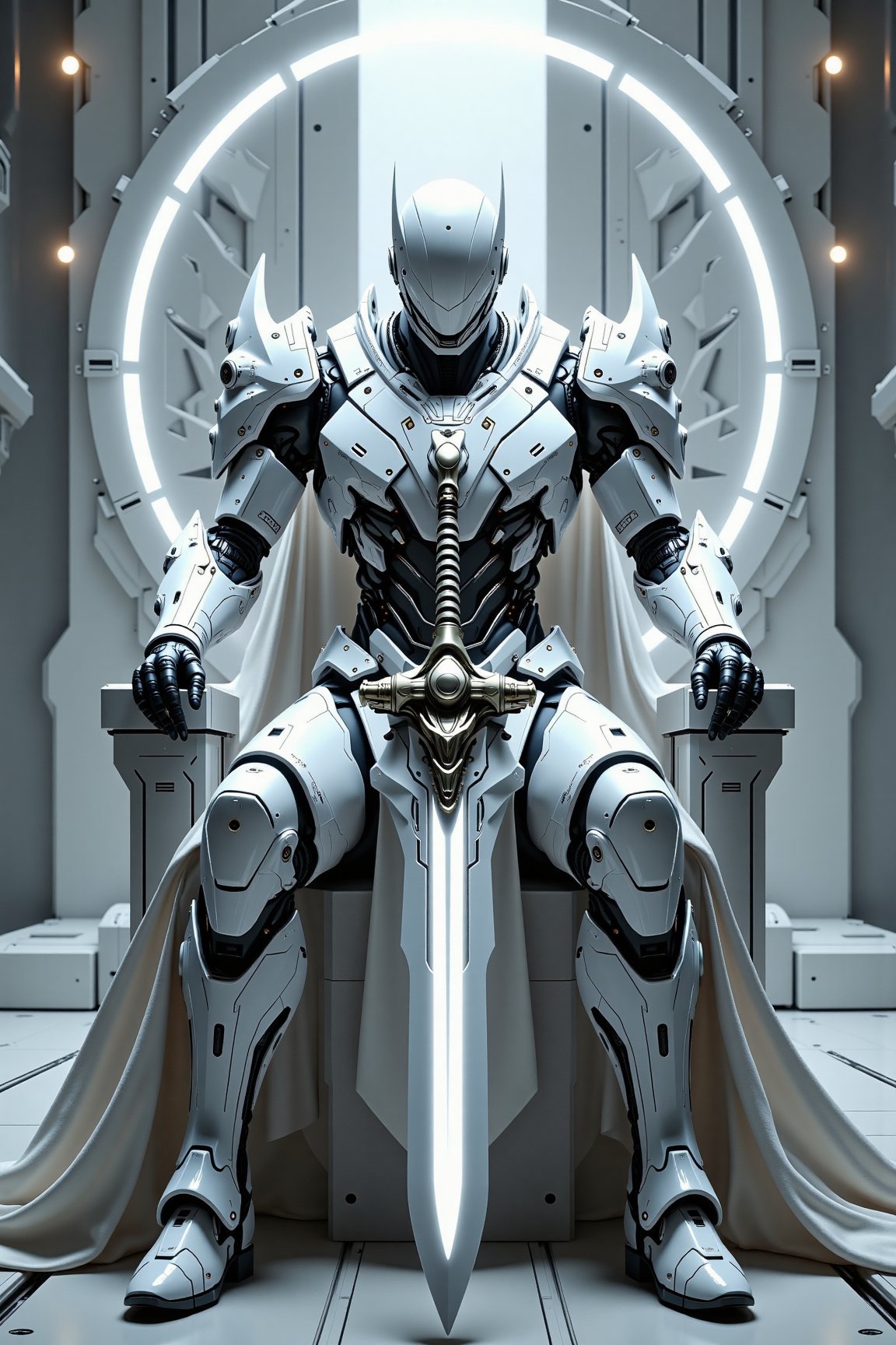 Image in Mechborg style. A majestic knight in white and silver armor,  seated on a throne in a circular-lit chamber. The l...