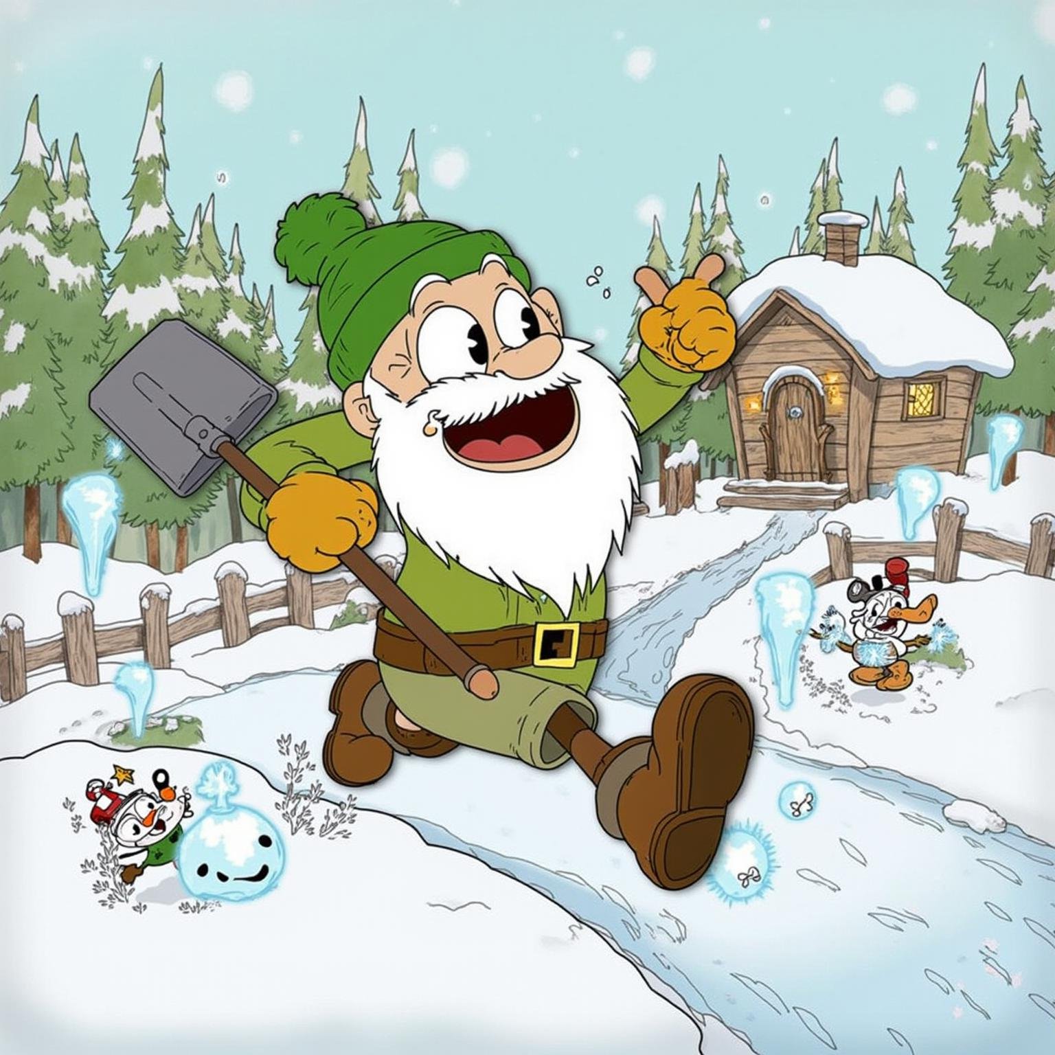 _Cuph3ad_ a beardy green beanie man is running through a snowy landscape. He is dressed in winter clothes,  with a thick b...