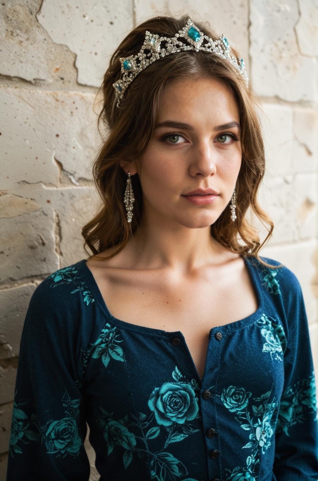 portrait of a regal woman with long,  wavy auburn hair draped over her shoulders. She has a fair complexion with striking...