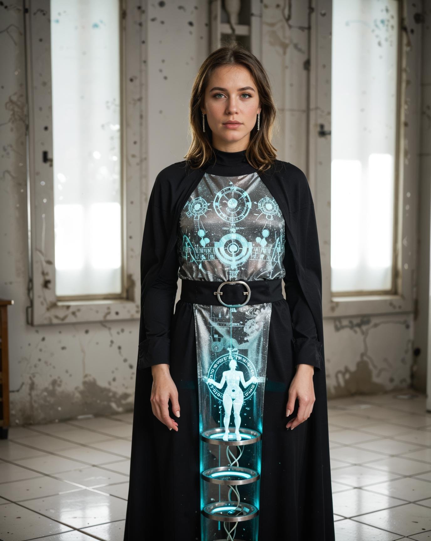 cinematic photo A queen stands at the heart of a colossal,  holographic city,  where towering structures of shimmering dat...