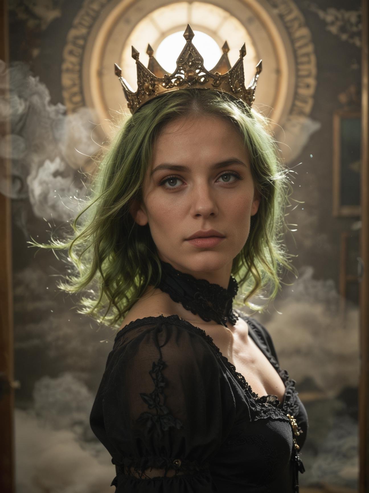 Portrait of a (green haired elf) princess with a dark metal crown and victorian dress in front of a glowing portal,  surro...