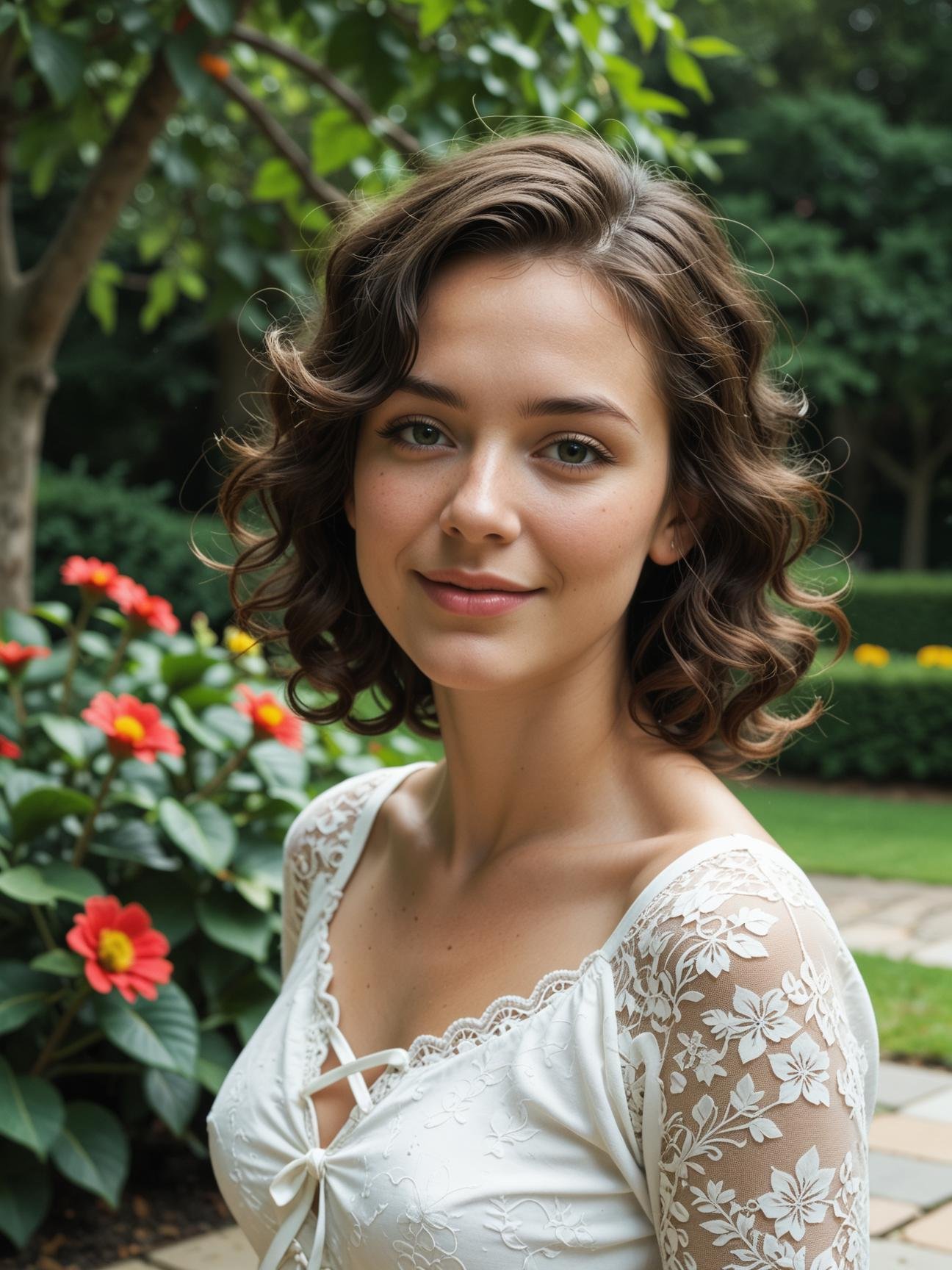 beautiful woman with curly hair. She has a radiant smile and expressive eyes. Her curly hair is voluminous,  cascading aro...