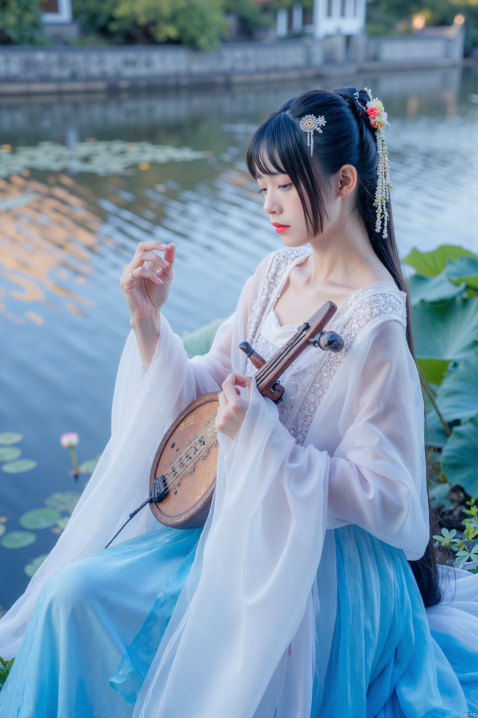 This is a high-resolution photograph capturing a serene scene of a young woman playing a traditional Chinese guqin,  a sev...