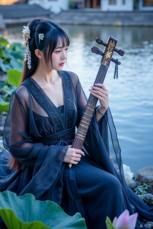 This is a high-resolution photograph capturing a serene scene of a young woman playing a traditional Chinese guqin,  a sev...