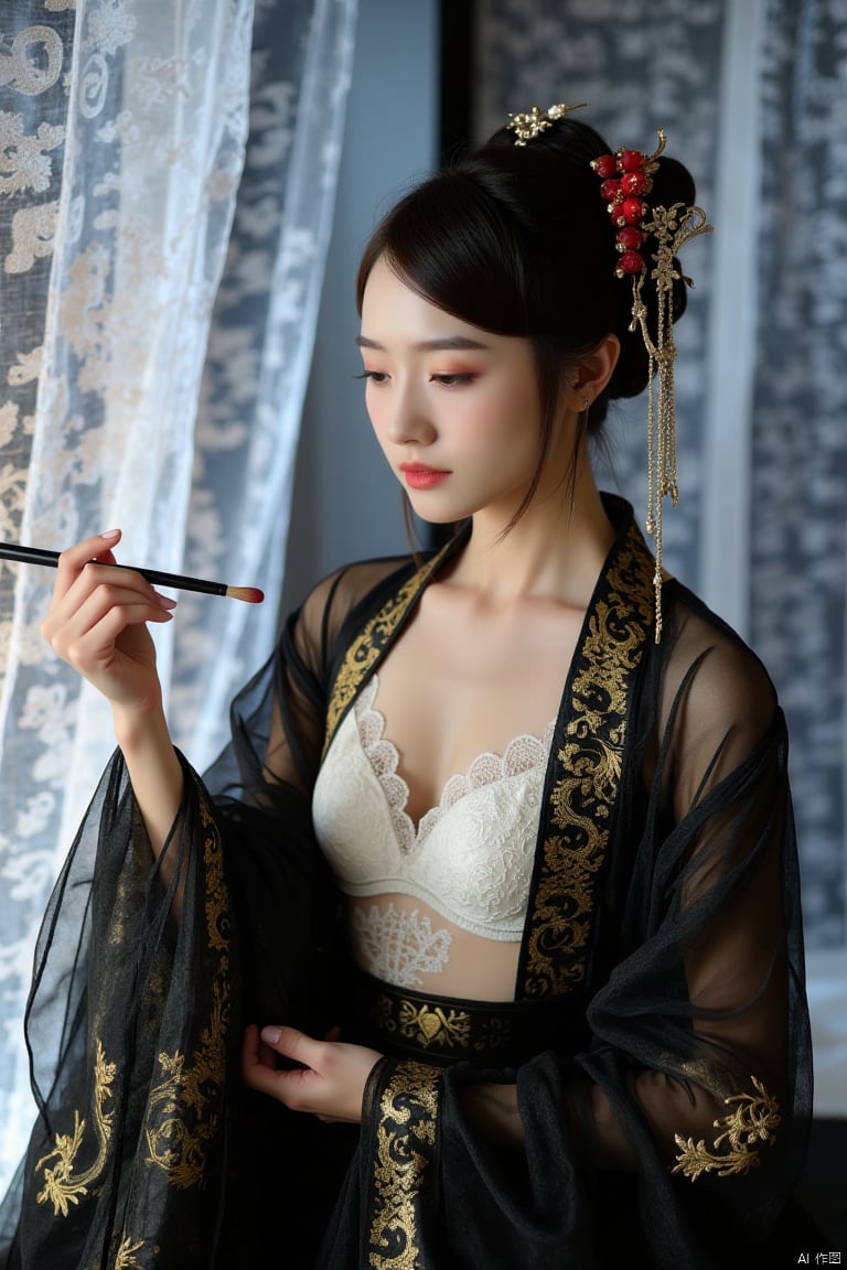 This is a high-resolution photograph capturing,  realistic photos,  Full body photo. A woman dressed in Chinese Tang Dynas...