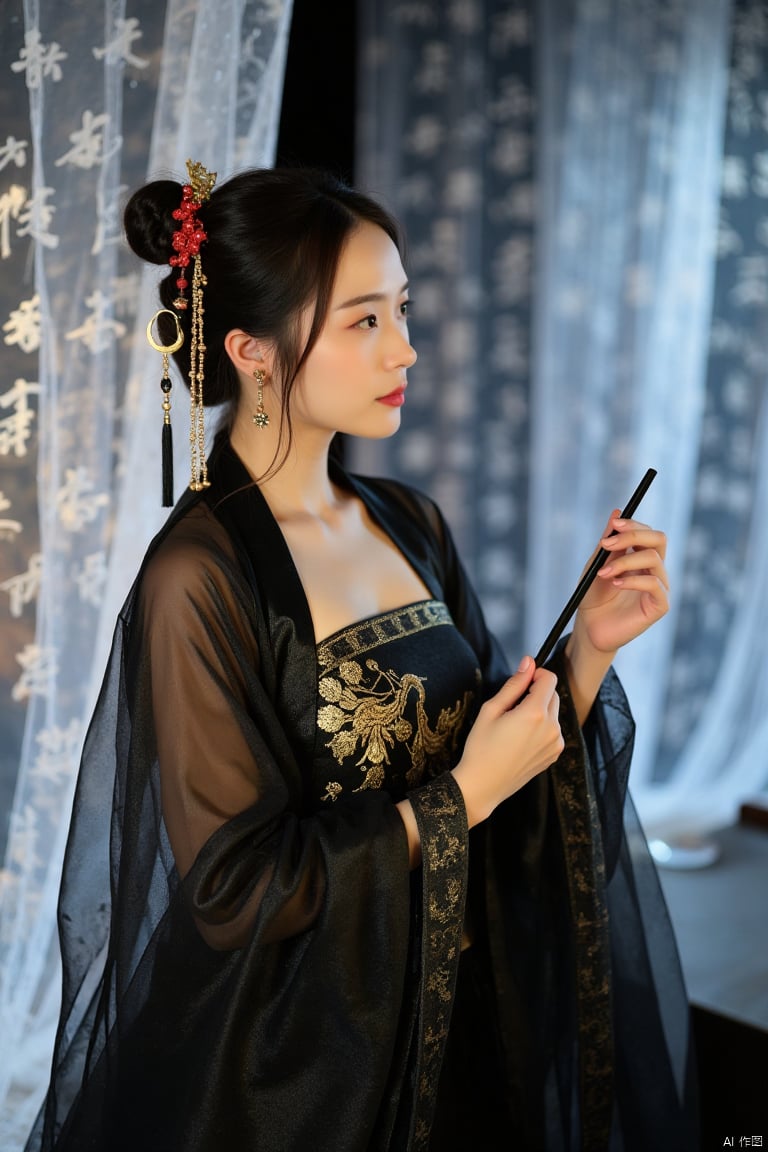This is a high-resolution photograph capturing,  realistic photos,  Full body photo. A woman dressed in Chinese Tang Dynas...