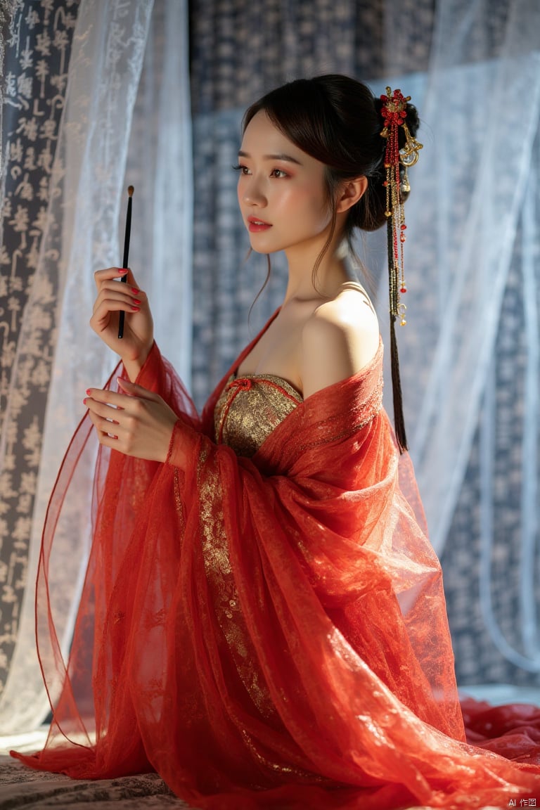 This is a high-resolution photograph capturing,  realistic photos,  Full body photo. A woman dressed in Chinese Tang Dynas...