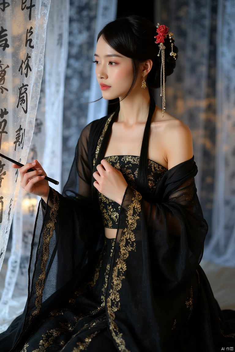 This is a high-resolution photograph capturing,  realistic photos,  Full body photo. A woman dressed in Chinese Tang Dynas...