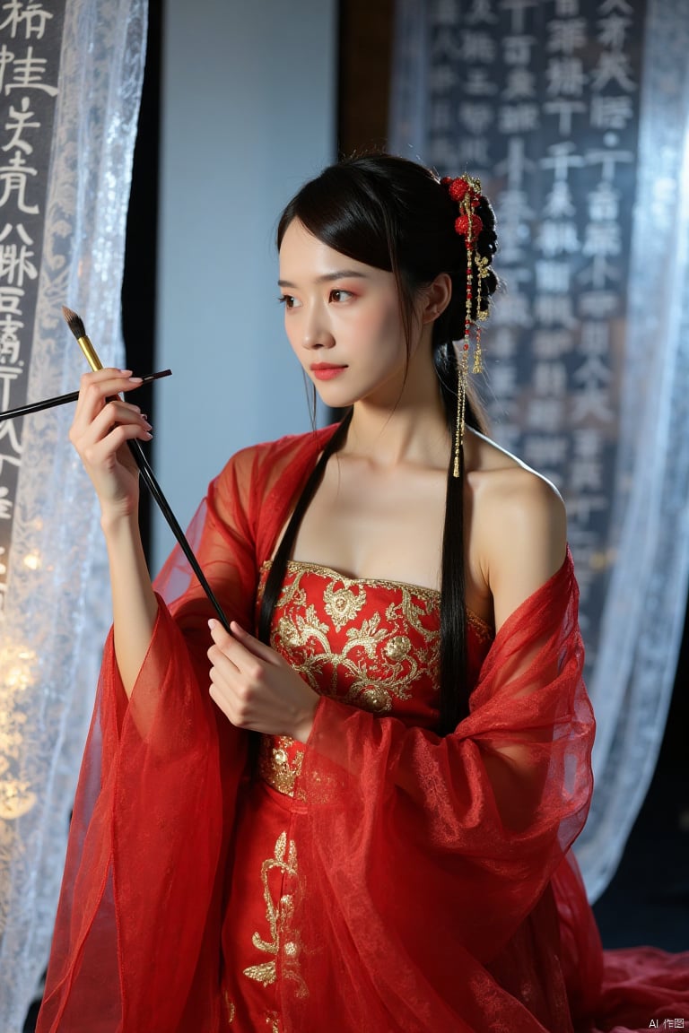 This is a high-resolution photograph capturing,  realistic photos,  Full body photo. A woman dressed in Chinese Tang Dynas...