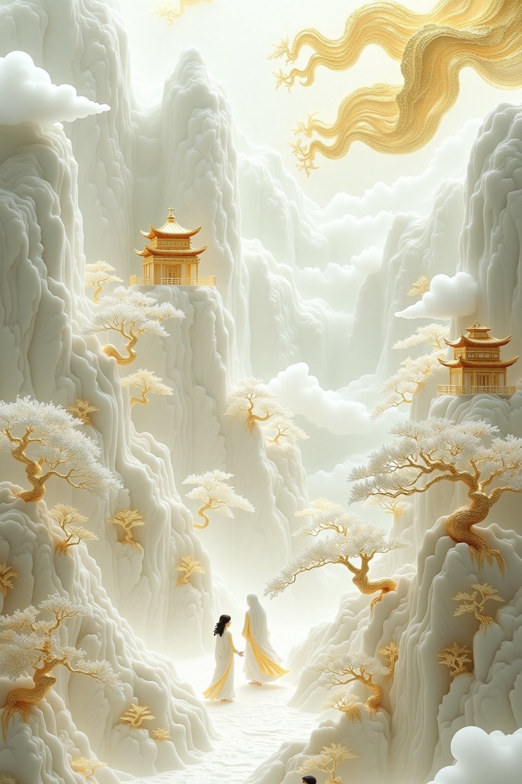 A serene depiction of a Chinese-style heaven,  with a palette of soft whites and shimmering gold accents. Towering white j...