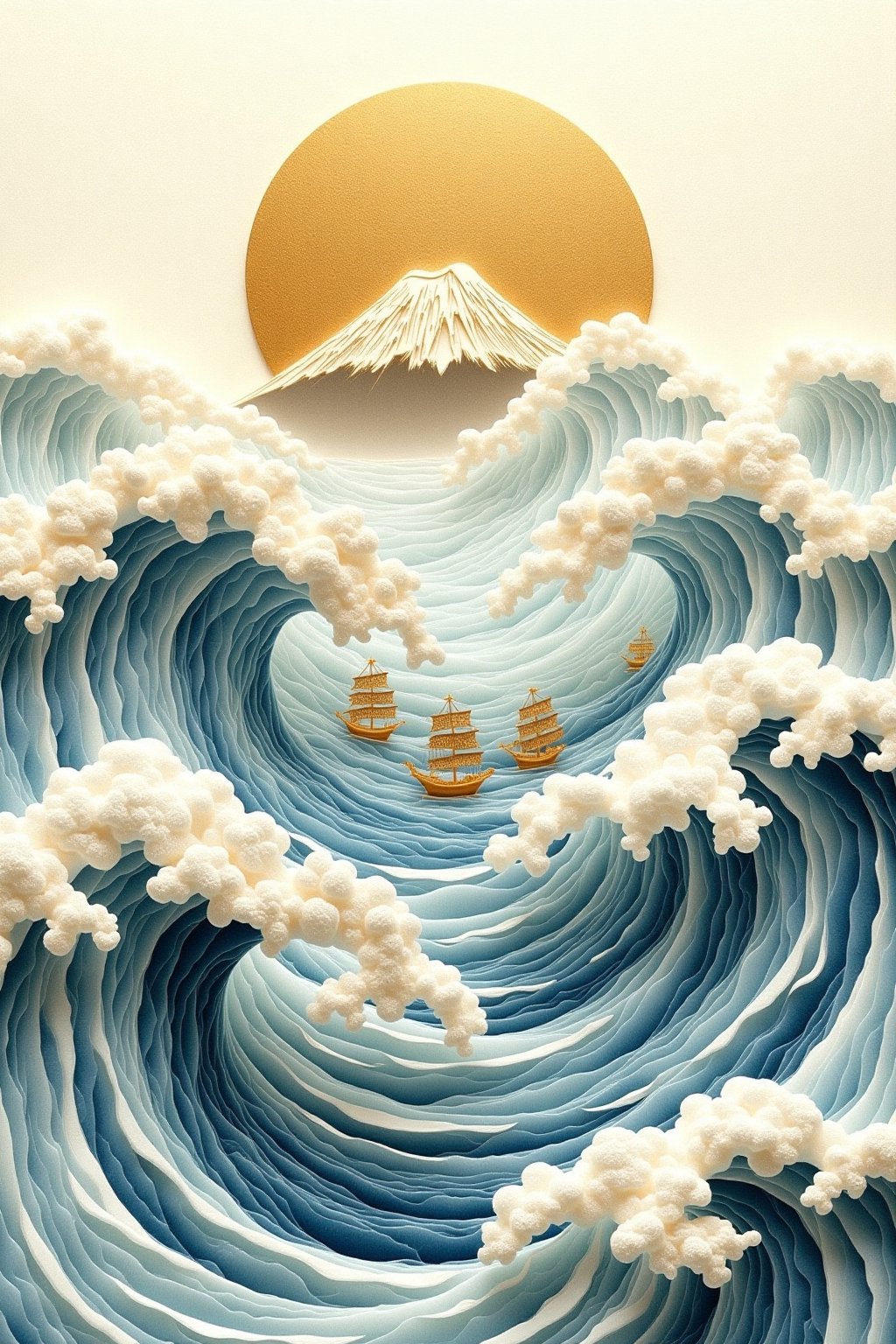 A stunning artwork of Japanese waves in the traditional ukiyo-e style. The waves are dynamic and dramatic,  with sharp,  c...