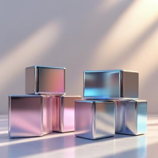 giving them a mirror-like finish. The cubes are arranged in a pyramid-like structure,  reflecting the surrounding colors a...
