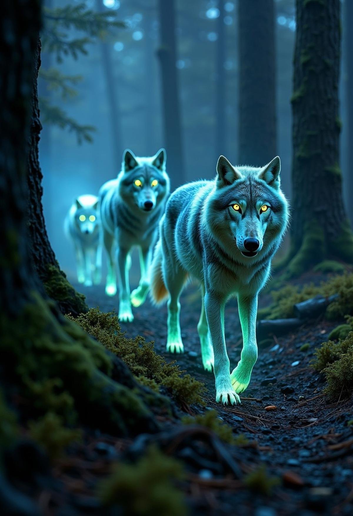 Imagine a pack of wolves moving silently through a dark,  misty forest,  their fur glowing with an eerie by Ethanar on Ten...